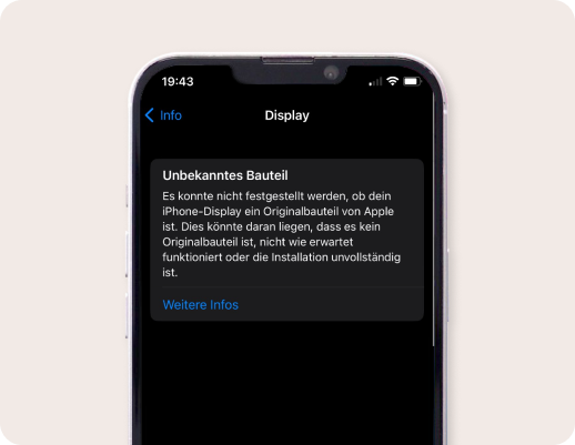 iPhone, auf dessen Display die Nachricht „Wichtige Nachricht zum Display" angezeigt wird
