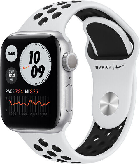 Apple Watch Series 6 Nike 40mm GPS Cellular Sportarmband platinum schwarz Aluminiumgehäuse silber 