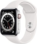Apple Watch Series 6 44mm GPS + Cellular Edelstahlgehäuse silber mit Sportarmband weiß